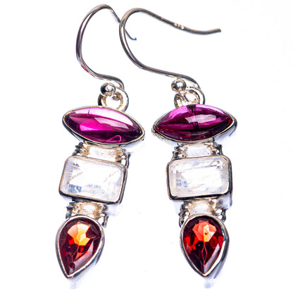 Rainbow Moonstone, Garnet Earrings 1 5/8" (925 Sterling Silver) E432717