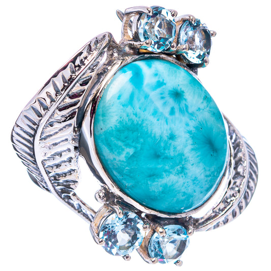 Sterling silver oval larimar ring with blue topaz accents and ornate side details