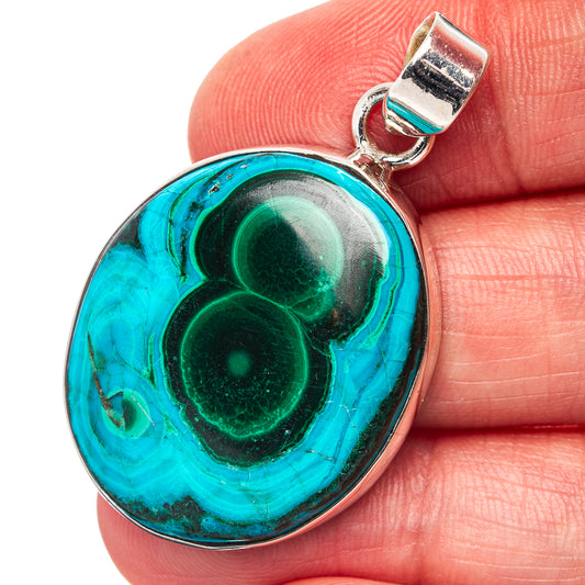 Oval turquoise and green malachite chrysocolla pendant in sterling silver bezel