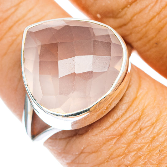 Faceted rose quartz teardrop ring in .925 sterling silver bezel