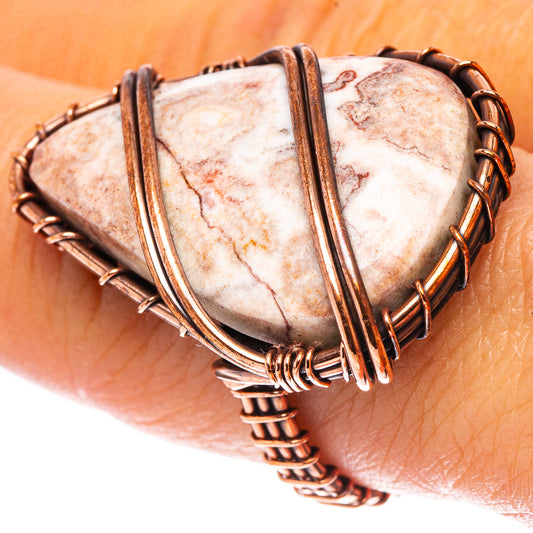 Oxidized copper wire ring with oval rosetta jasper, wrapped in layered metal bands