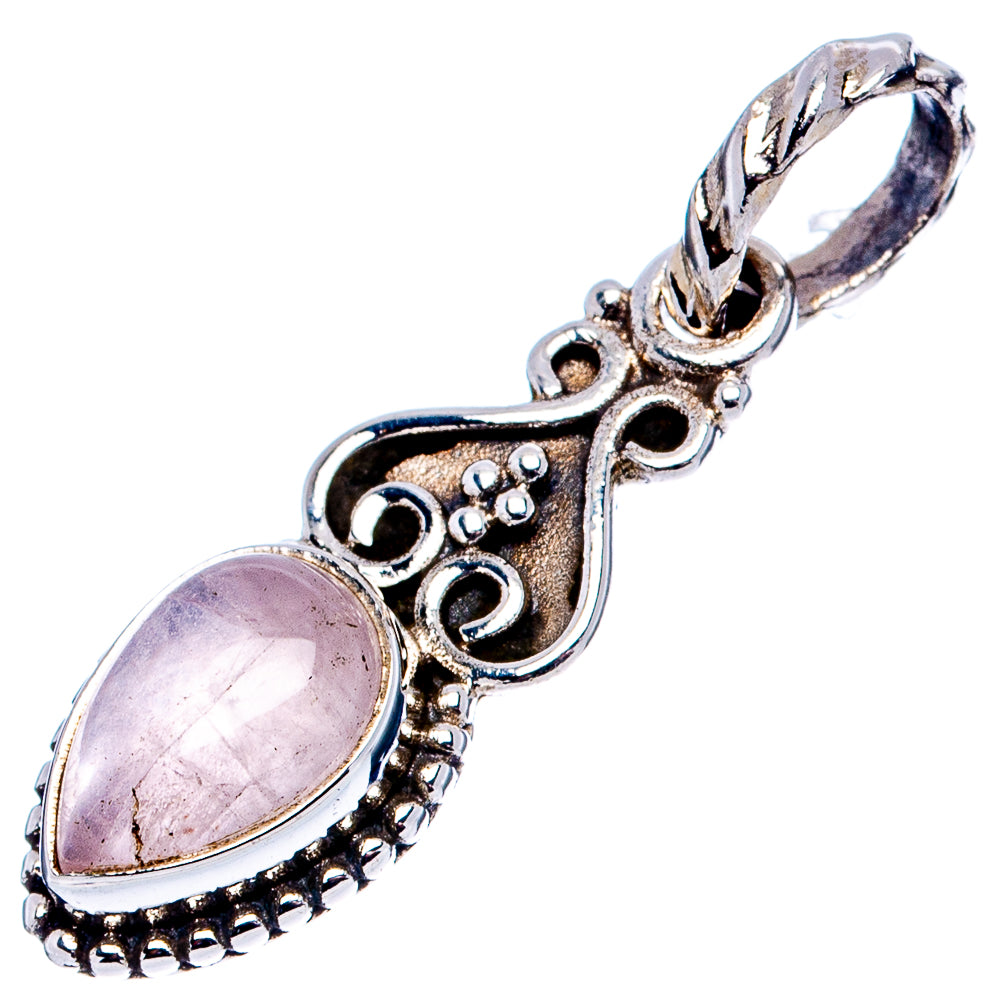 Sterling silver rose quartz pendant, oval pink gemstone with detailed scrollwork and bail.