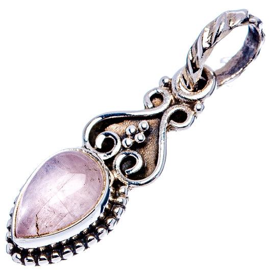Sterling silver rose quartz pendant, oval pink gemstone with detailed scrollwork and bail.