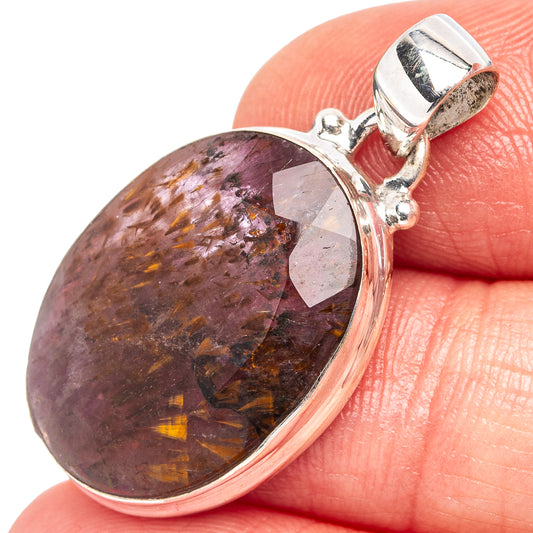 Oval cacoxenite cabochon sterling silver pendant with purple-brown shimmer and loop bail