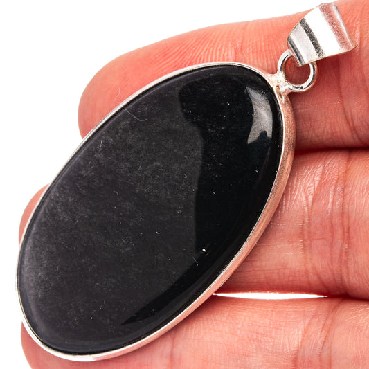 Silver-plated obsidian oval pendant, black stone cabochon with metal bail