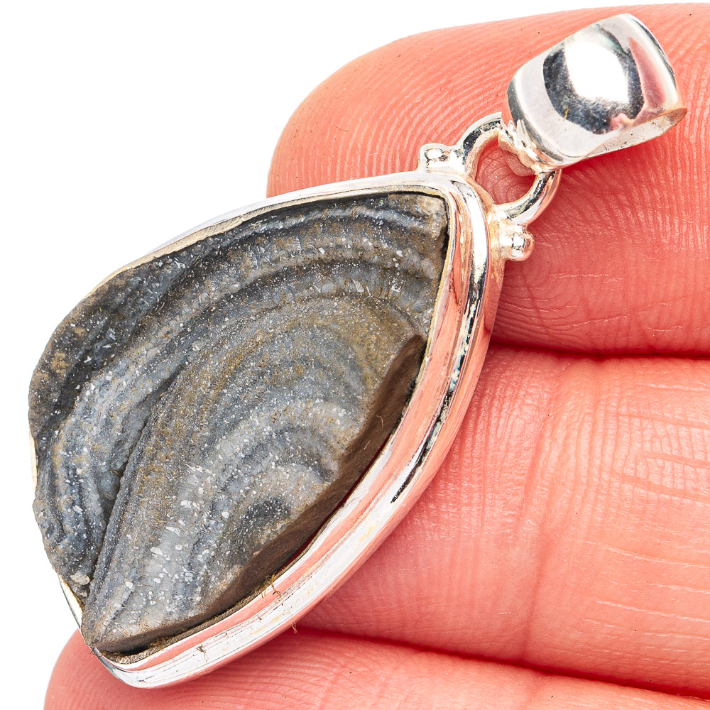 Sterling silver oval druzy pendant, dark gray-blue sparkling stone bezel on bail