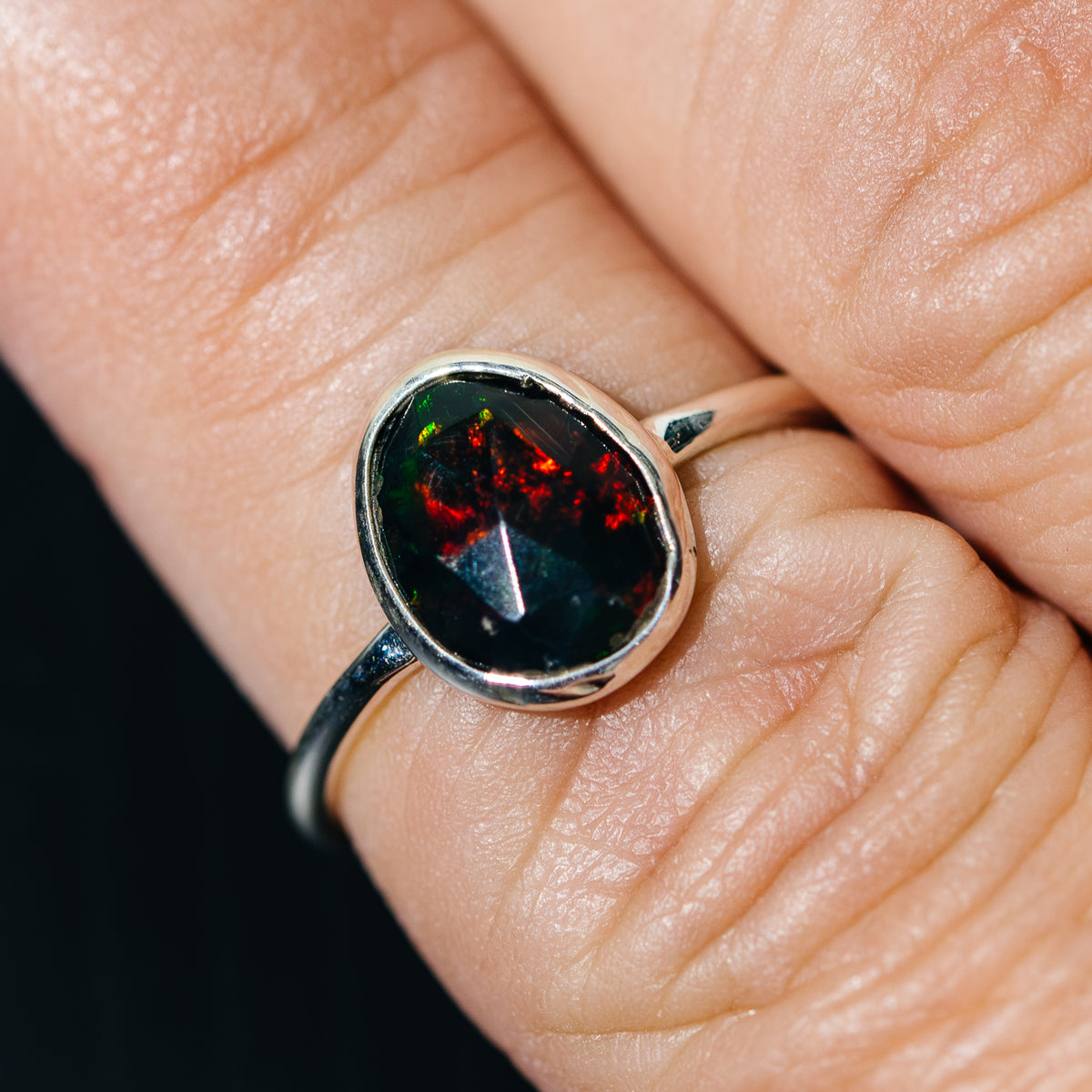 Black Ethiopian Opal Dainty Ring Size 7 (.925 Sterling Silver)