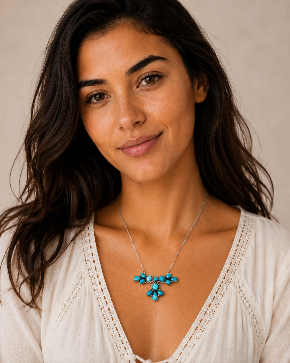Southwestern Style White Water Turquoise Necklace 17 to 19" (.925 Sterling Silver)