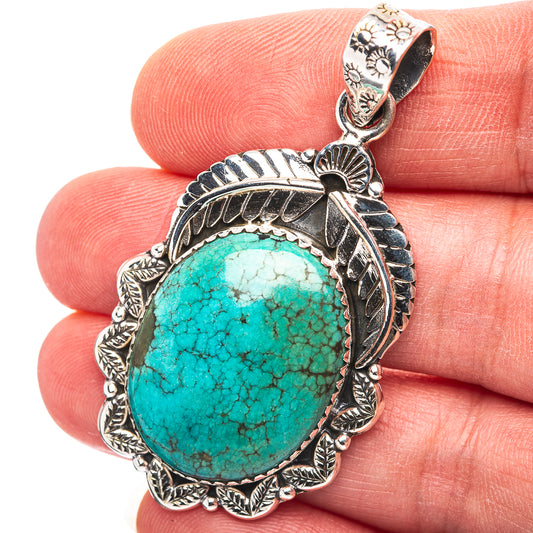Exclusive Southwestern Style Hubei Turquoise Pendant 2 1/8" (.925 Sterling Silver)