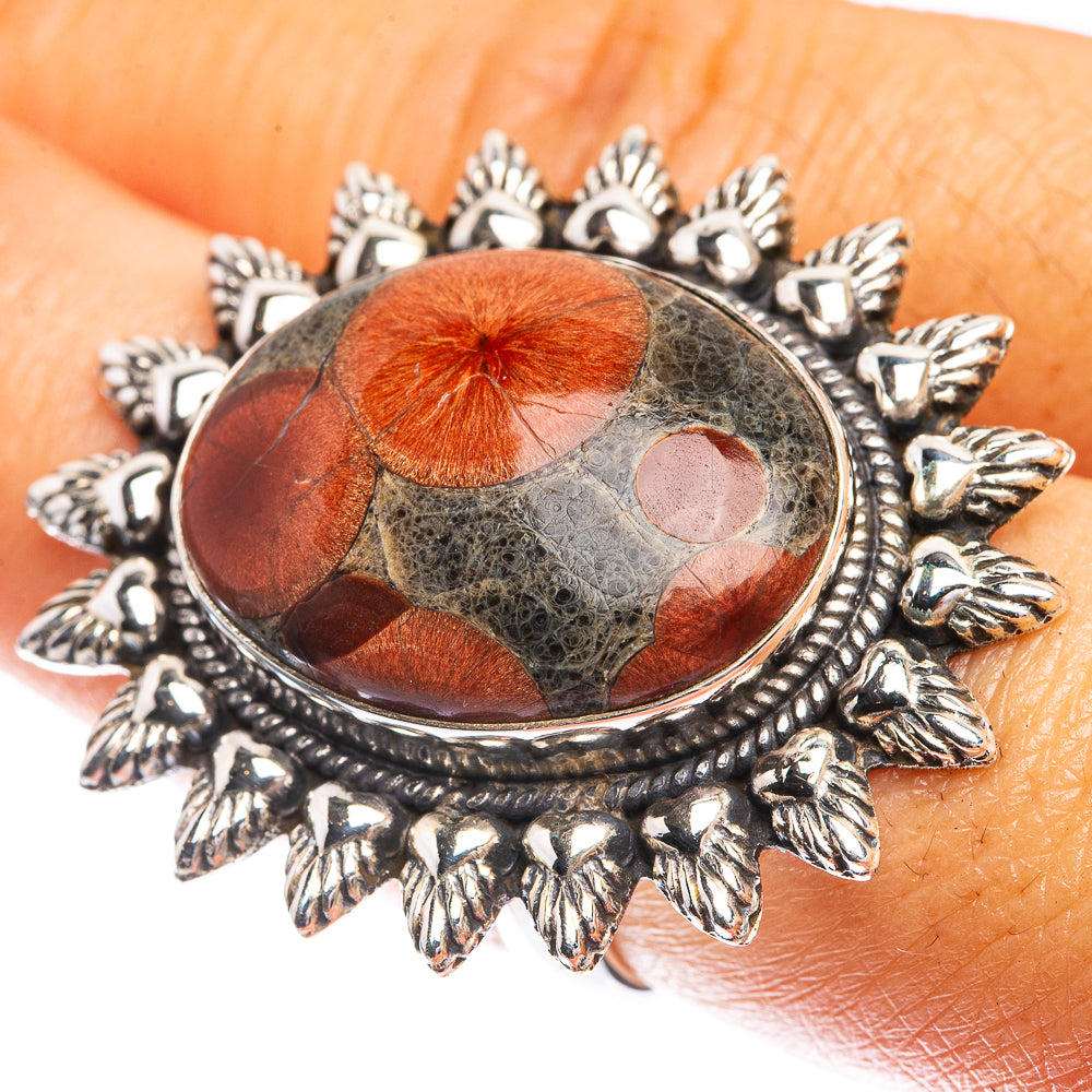 Large sterling silver ring with oval mushroom rhyolite cabochon, size 7.5
