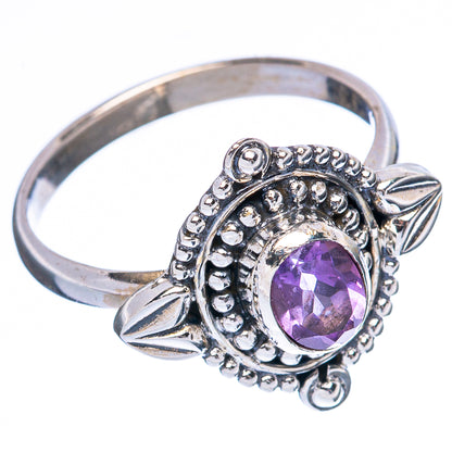 Amethyst ring, 925 sterling silver with purple round-cut stone and decorative prongs