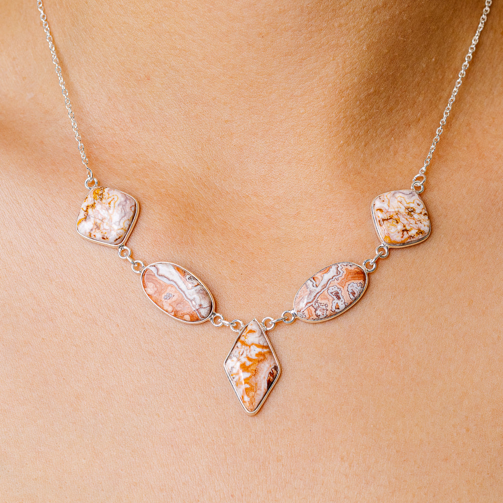 Crazy Lace Agate necklace with 925 sterling silver links and oval teardrop stones