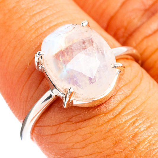 Sterling silver moonstone ring with large faceted teardrop gemstone and four prongs