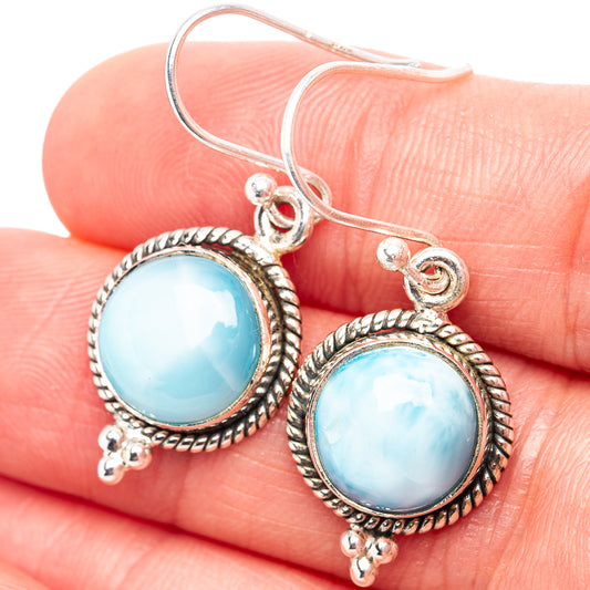 Larimar round stone earrings, .925 sterling silver hooks, blue cabochons in bezel