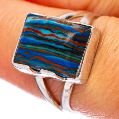 925 sterling silver calsilica ring with rectangular blue and teal striped stone