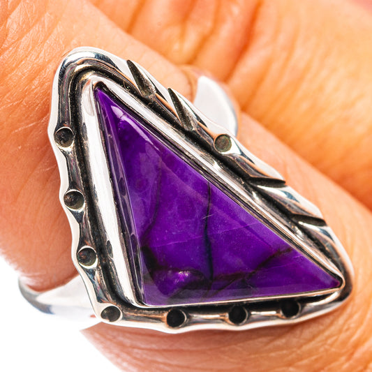 .925 sterling silver sugilite ring close-up with faceted triangular purple gemstone