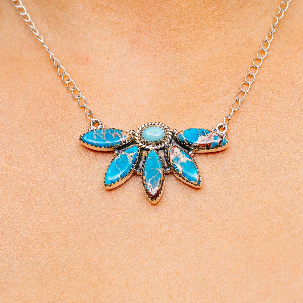 Blue Sea Sediment Jasper, Mojave Turquoise Necklace 16 to 18" (.925 Sterling Silver)