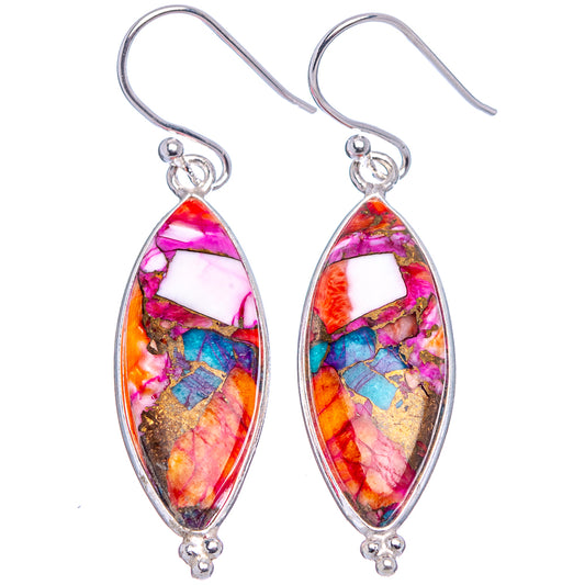Sterling silver teardrop dangle earrings, multicolor pink and blue mosaic inlay, french hooks