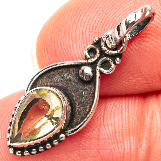Sterling silver lemon-yellow quartz dainty pendant with teardrop bail, close-up