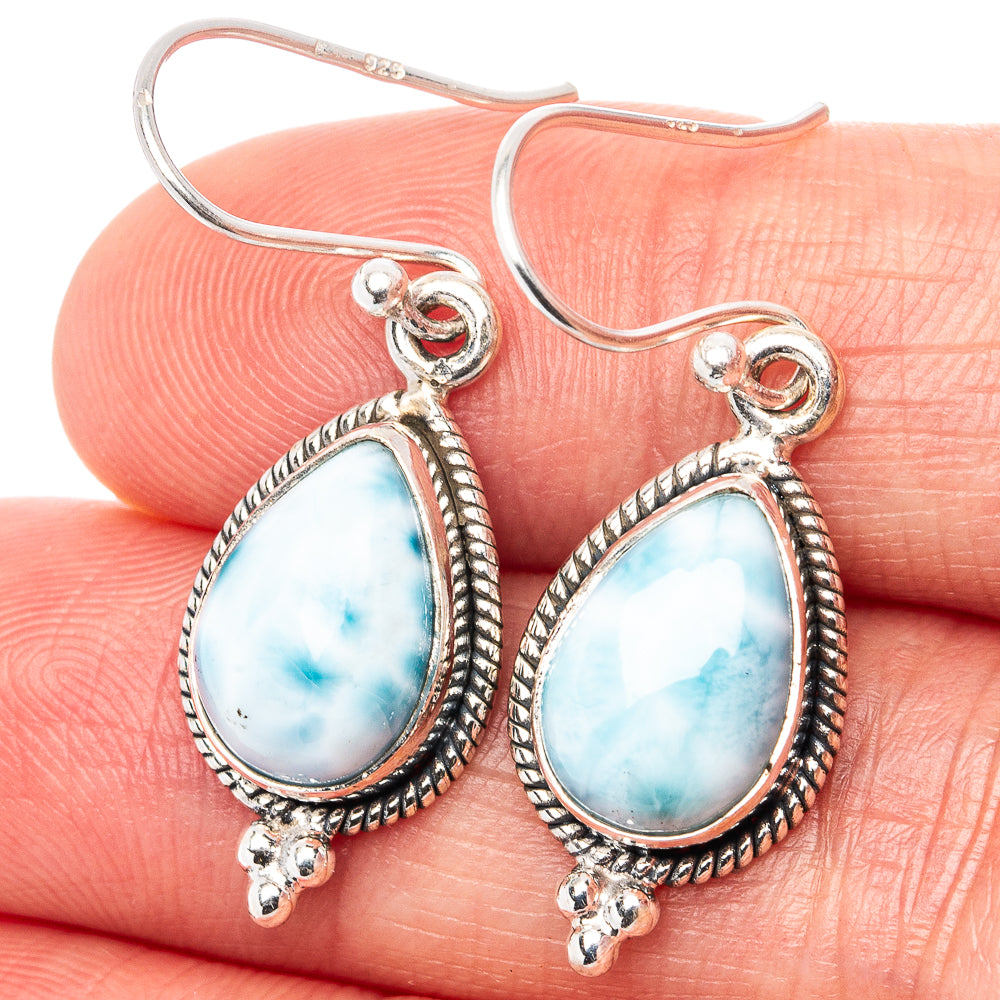 Teardrop larimar earrings in .925 sterling silver, blue stone with silver rope frame