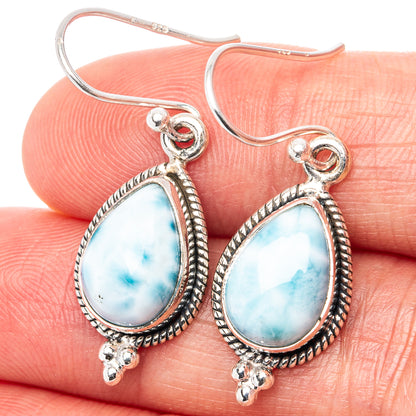 Teardrop larimar earrings in .925 sterling silver, blue stone with silver rope frame
