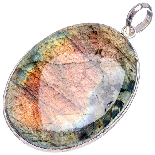 Oval labradorite gemstone pendant, silver-toned bezel with colorful sheen and hanging loop.