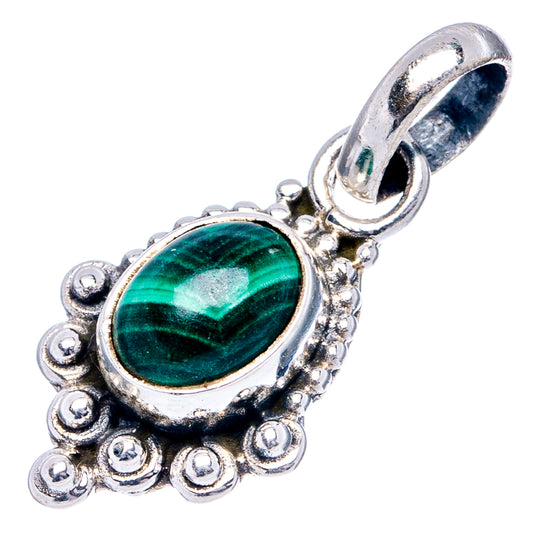 Oval malachite cabochon 925 sterling silver pendant with decorative beaded border and bail