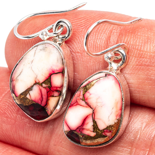 Sterling silver teardrop earrings with pink-red marbled stone and hook backs