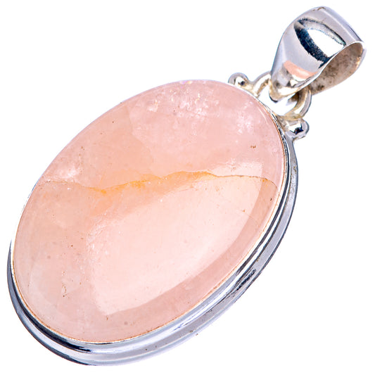 Rose quartz oval pendant with sterling silver rim and hinged bail, angled view