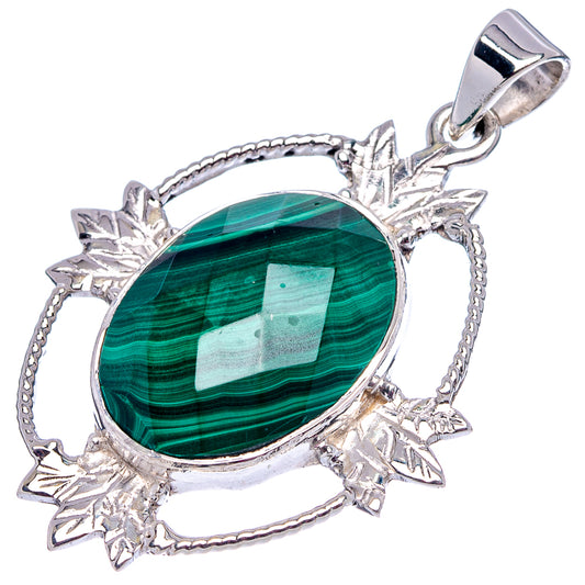 Oval malachite pendant with green striped stone and .925 sterling silver spiked bezel, bail