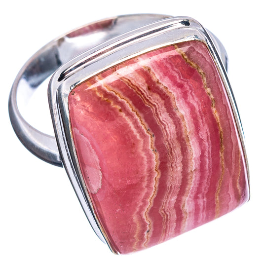 Sterling silver rhodochrosite ring, rectangular pink banded cabochon bezel, size 9.75