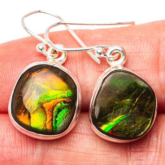 Sterling silver ammolite drop earrings with oval iridescent stone in silver bezel