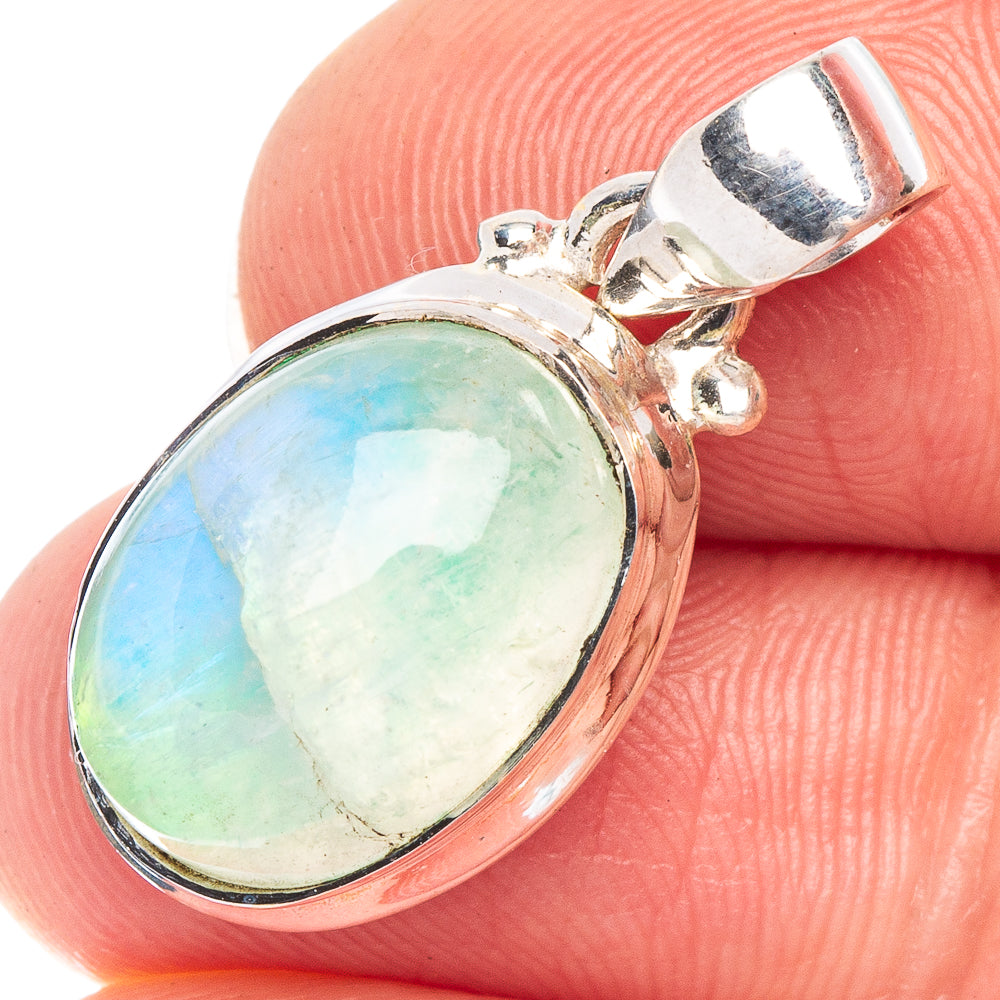 Green moonstone pendant in oval bezel with bail, 925 sterling silver