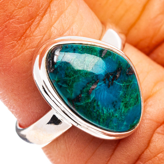 Teal chrysocolla gemstone oval ring with .925 sterling silver band, size 5