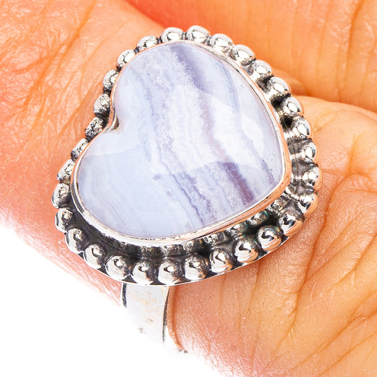 Heart-cut blue lace agate ring with sterling silver beaded edge, size 5