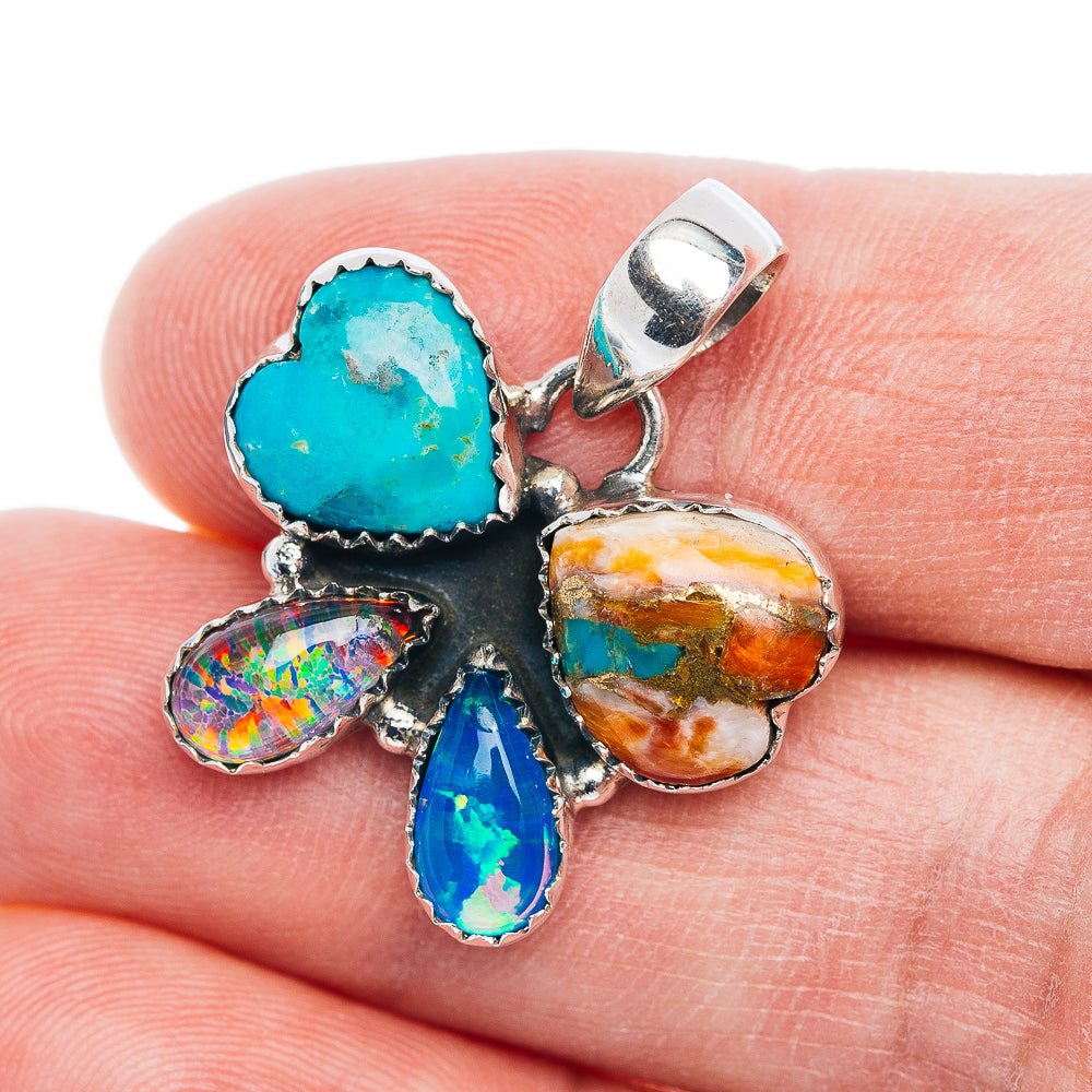Premium Kingman Turquoise, Opal Butterfly, Spiny Oyster Turquoise Pendant 1 1/8" (.925 Sterling Silver)