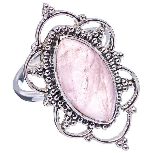 Sterling silver rose quartz oval ring with detailed bead and crown halo, full view