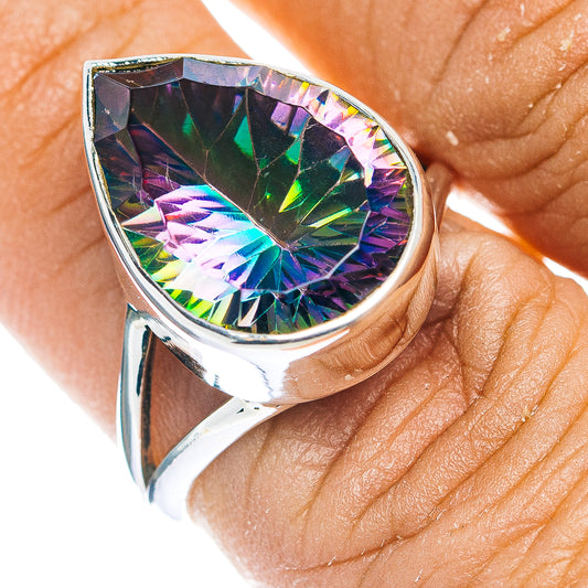 Sterling silver teardrop ring with rainbow faceted mystic topaz center stone