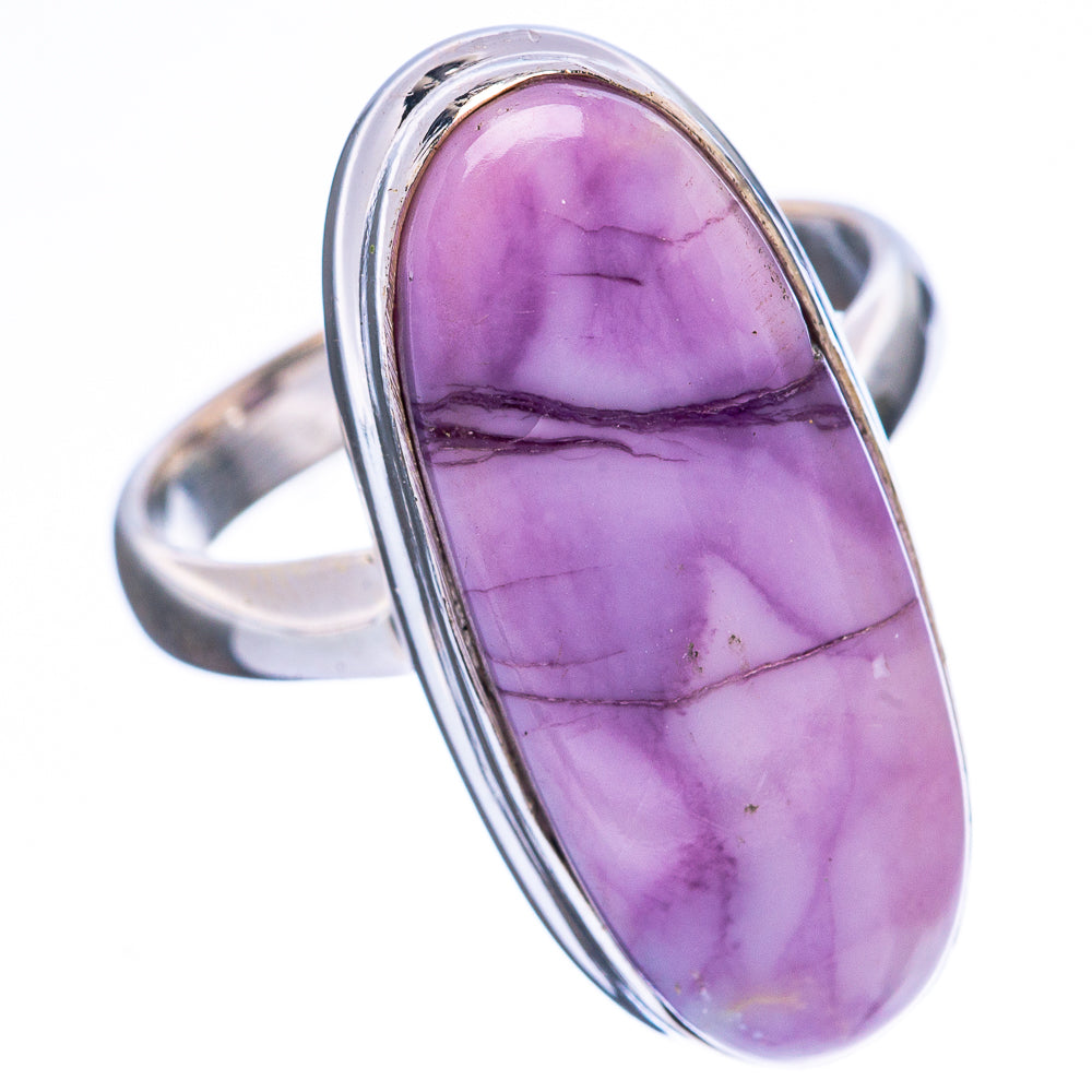 Sterling silver ring with tall oval purple cabochon stone and open band profile
