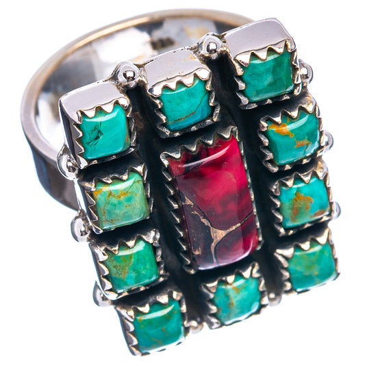 Turquoise square-stone ring with red plaid center, blackened silver border, angled view