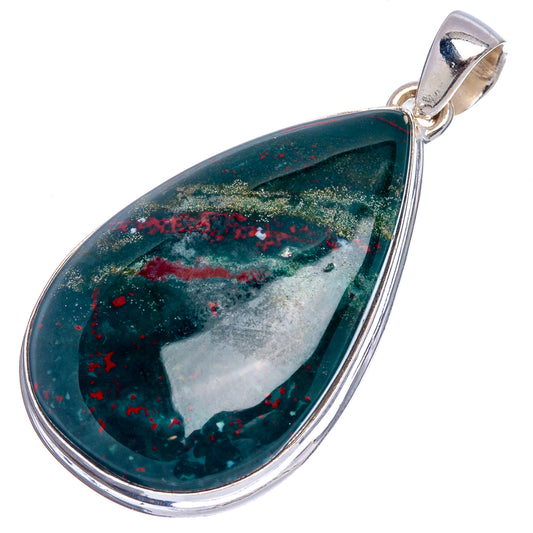 Bloodstone pendant in sterling silver teardrop setting, polished bail, dark green face