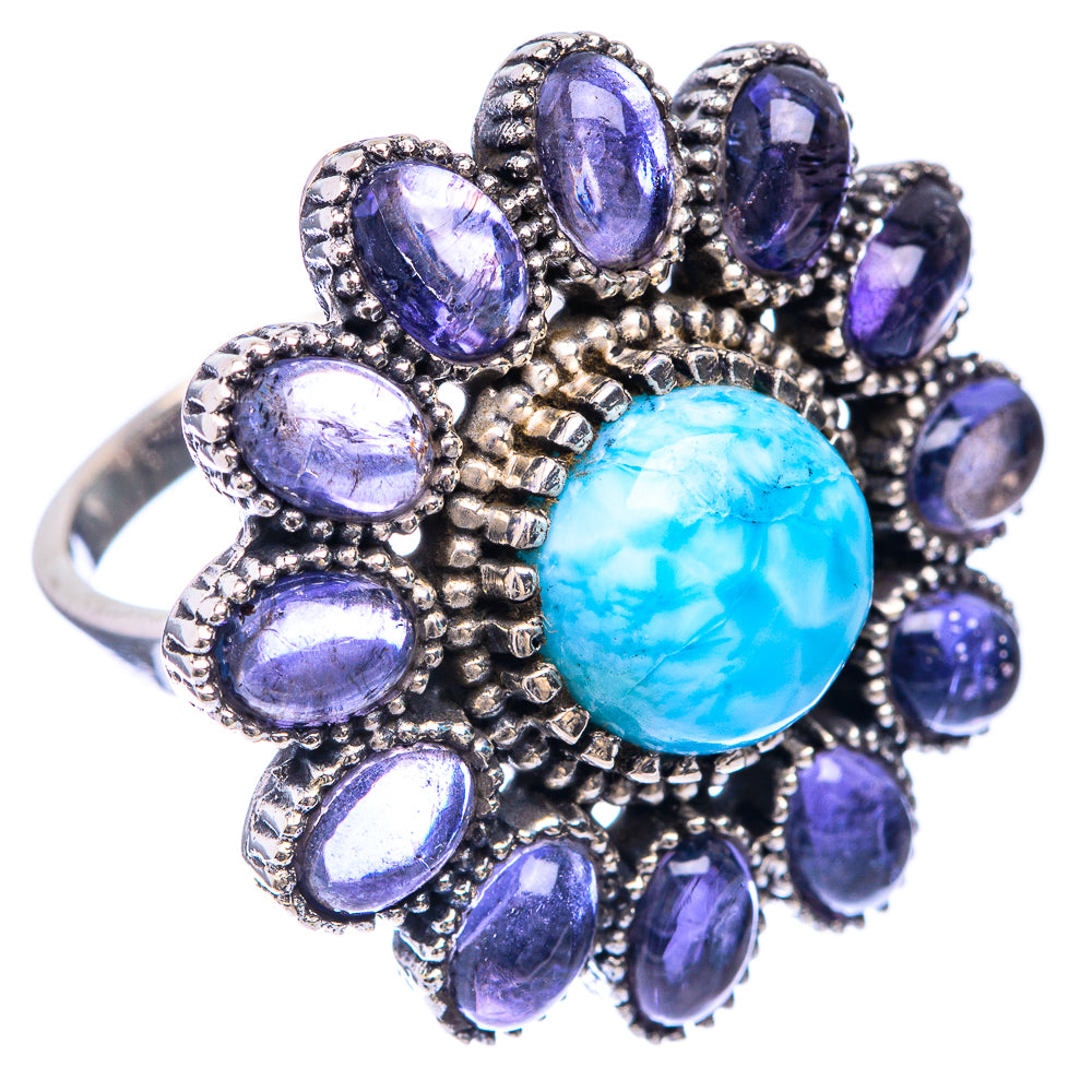 Sterling silver oval Larimar centerpiece ring with clustered purple oval tanzanite stones