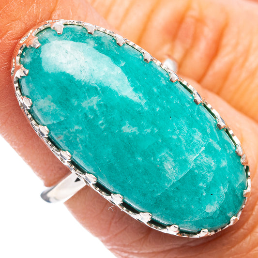 Amazonite oval ring in sterling silver, close-up of teal stone and bezel setting