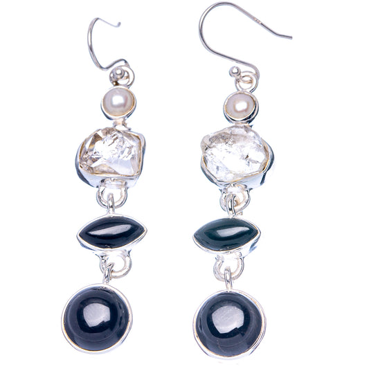 Black Onyx, Herkimer Diamond, Cultured Pearl Earrings 2 1/4" (925 Sterling Silver) E1591