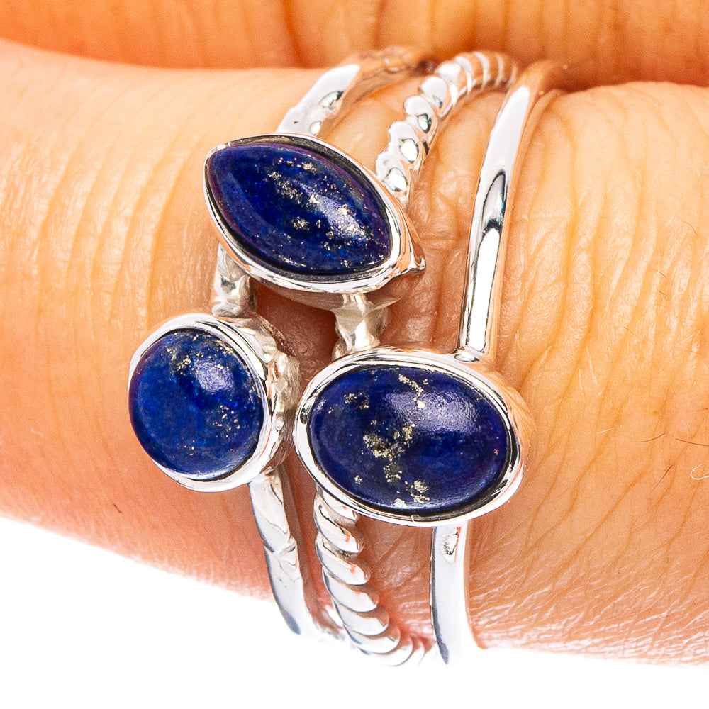 Lapis lazuli sterling silver ring with three oval blue cabochons in silver setting