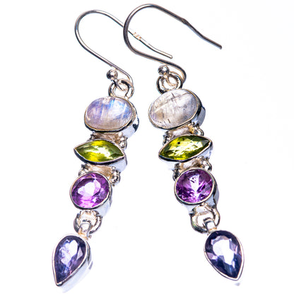 Sterling silver gemstone drop earrings with round moonstone, peridot, amethyst, and blue teardrops