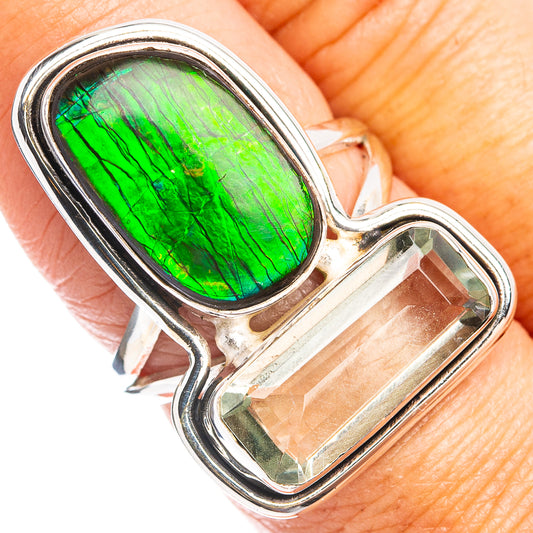 Sterling silver ring with bright green oval ammolite and rectangular clear stone