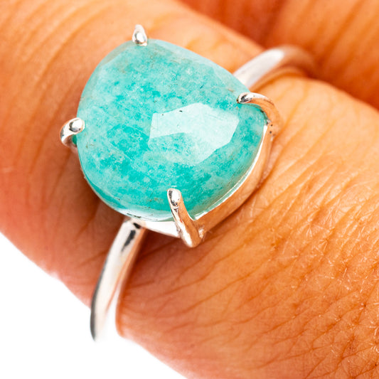 Amazonite gemstone ring in .925 sterling silver, oval teal stone with prong setting