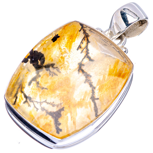 Sterling silver dendritic agate pendant, large cushion shape with yellow base and black branches
