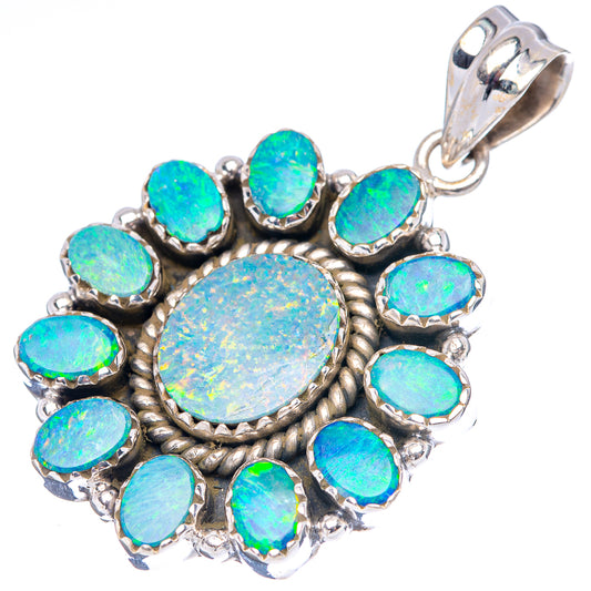 Sterling silver opal doublet cluster pendant with round blue-green center and oval stones